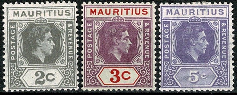 MAURITIUS 1938-49 KG VI 3c-20c (6 STAMPS) PART SET SG252-55-56-58 Wmk.MSCA VGC