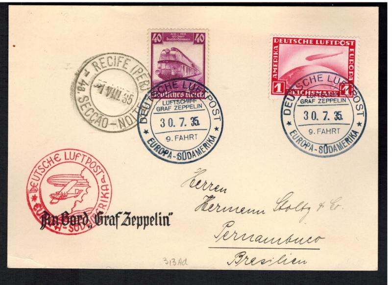 1935 Germany LZ 127 Graf Zeppelin Postcard Cover to Pernambuco Brazil 9th SAF