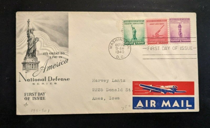 1940 National Defense FDC Airmail Cover Washington DC to Ames Iowa