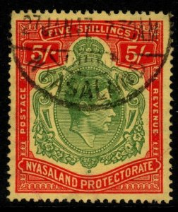 NYASALAND SG141a 1944 5/ GREEN & RED/PALE YELLOW ORD PAPER FINE USED