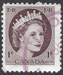 Canada #337 1¢ Queen Elizabeth II (1954). Violet brown. Used.