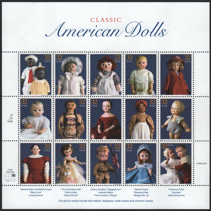 SC#3151 32¢ Classic American Dolls Sheet of Fifteen (1997) MNH