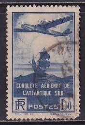 France 1936 Sc C16 Airplane Galleon Ship 100th Airmail S Atlantic Flight Stamp U