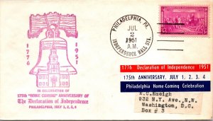 US EVENT COVER CACHETED 175th HOME COMING ANNIVERSARY INDEPENDENCE HALL 1951 A