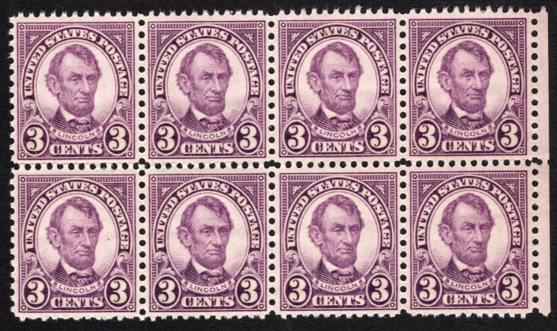 MNH 1927 3c Lincoln Block of 8 Perf 11x10.5 Postage Stamps, Scott #635**