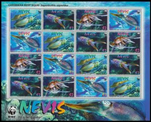 Nevis WWF Caribbean Reef Squid Sheetlet of 4 sets 2009 MNH SC#2380-2383