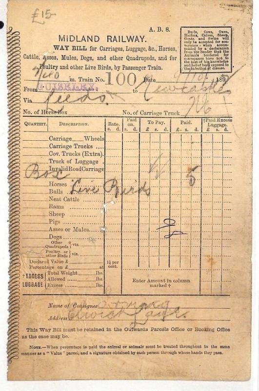 GB Midland Railway *Guiseley* LIVE BIRDS by PASSENGER TRAIN Way Bill 1892 HL376