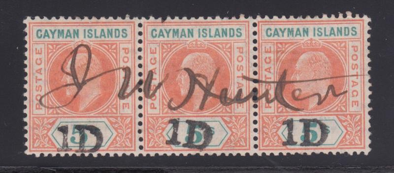 Cayman Islands Sc 19 used 1907 1p on 5sh KEVII strip of 3, Fiscally used, Cert.