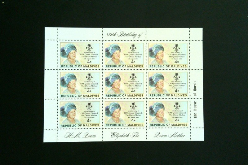 Maldives Stamps: 1980 Queen Mother Birthday; #874; Mini Sheet/9; MNH