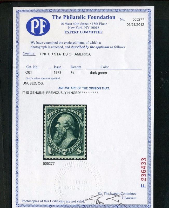 Scott #O61 State Dept.  Official Mint Stamp w/PF Cert (Stock #O61-13)