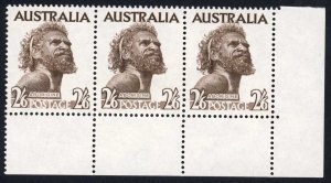 Australia 1952-65 SG 253b 2s6d no wmk RETOUCH worn state strip of 3 mint