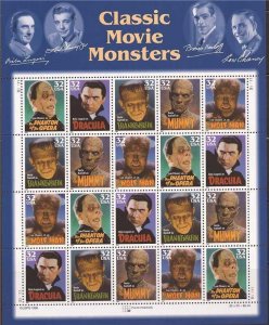 US Stamp - 1997 Classic Movie Monsters - 20 Stamp Sheet - #3168-72