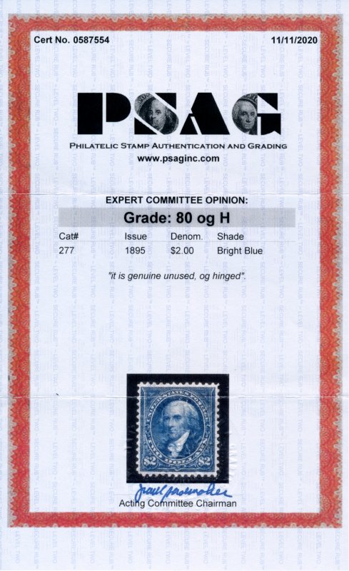 US 277 $2 1895 James Madison watermarked PSAG grade 80 unused OG hinged