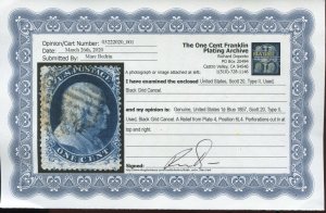 Scott 20 Franklin Used Stamp Plate 4 Pos. 6L4 w/Doporto Cert (Stock 20-D13)