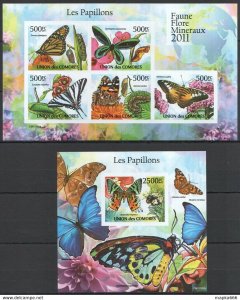 Imperforate 2011 Comoros Fauna Les Papillons Butterflies Kb+Bl ** Uc226