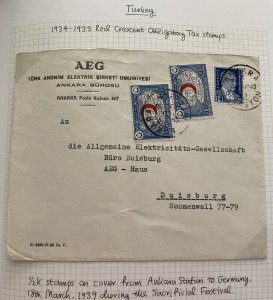 1939 Ankara Turkey Commercial Cover to Duisburg Germany Tax Stamps