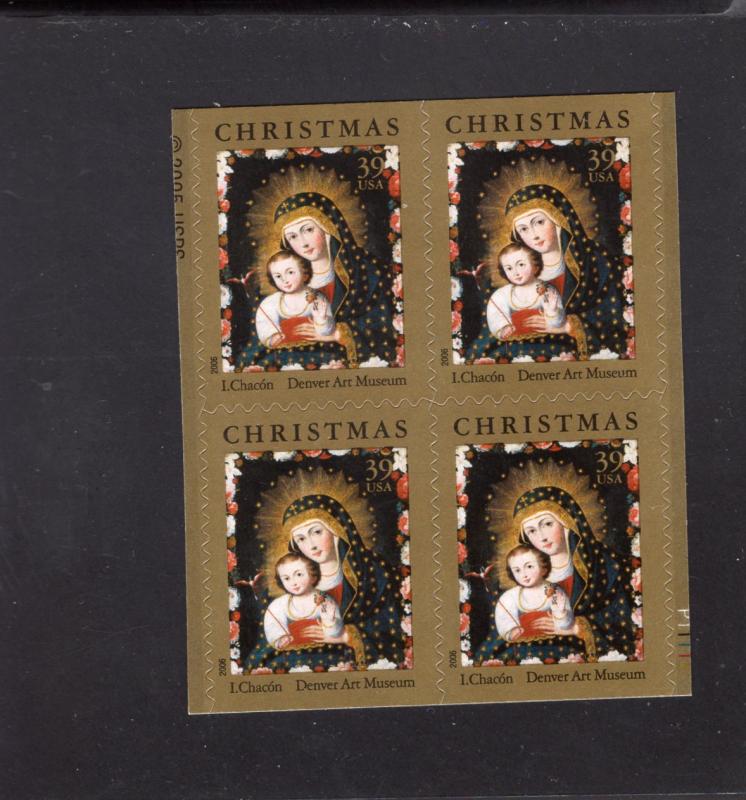 4100 Christmas, MNH blk/4 w/plate #, CV $3.20