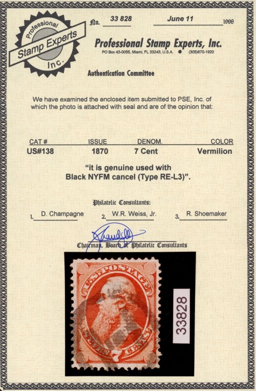 USA Scott# 138A, USED, I Grill, NYFM Cancel, PSE Cert, SCV $800 (56194)