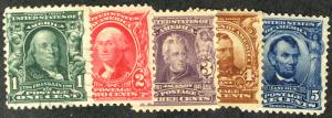 US # 300 - 304 SCV $190 1c - 5c F/VF mint, nice stamps, most no gum, Fresh Gr...