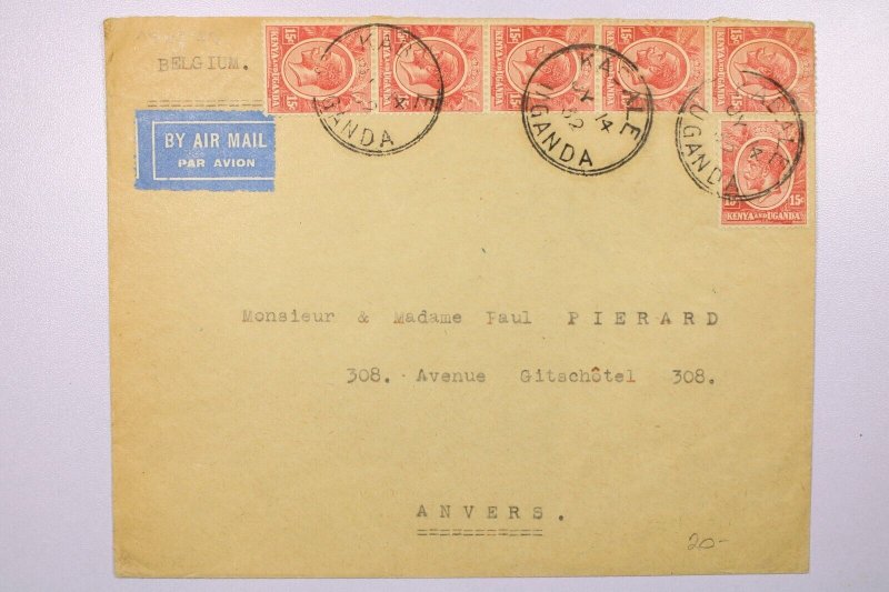 Kenya & Uganda 1932 Airmail Cover to Belgium - L39453