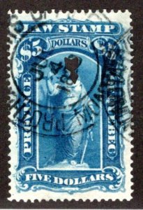 van Dam QL28, Quebec Law, $5 blue, Used, 1871-90 issue, Canada Revenue
