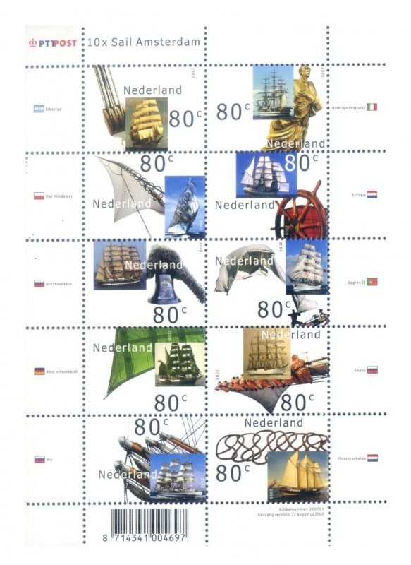 Netherlands. Large 2000 sailboats. Mini sheet.