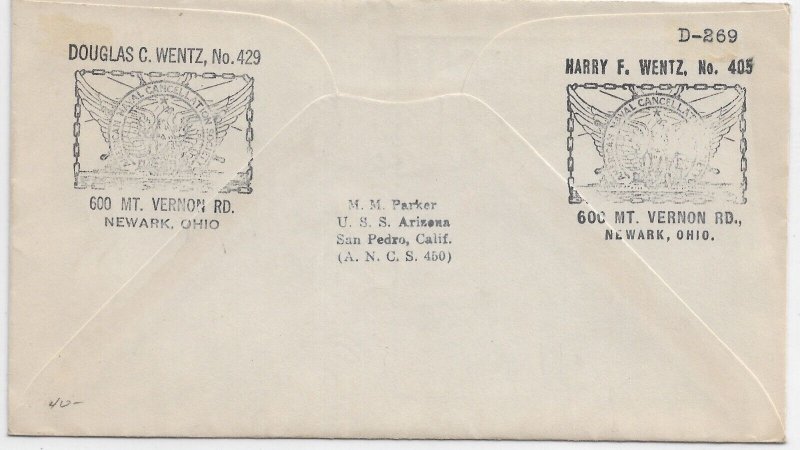 1938 USS Arizona BB-39 Lincoln Birthday to Washington DC Wentz cachet (N7837)