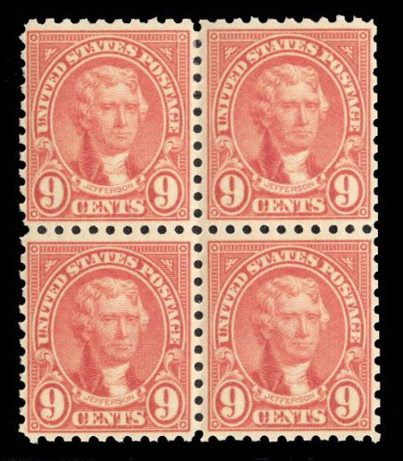 United States, 1910-30 #590 Cat$37, 1923 9c rose, block of four, top stamps h...