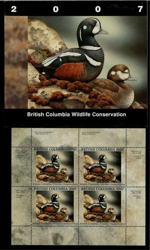 BRITISH COLUMBIA  #13 2007 HARLEQUIN CONSERVATION STAMP MINI SHEET IN FOLDER