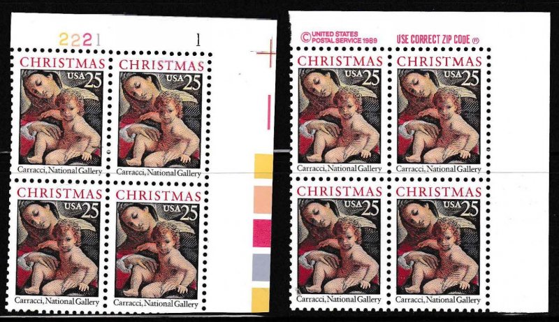 United States Christmas Stamp Scott 2427 1988 Caracci Madonna  Plate Blocks of 4