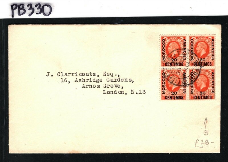 MOROCCO AGENCIES KGV Cover 20c Block{4} Tangier GB London {samwells-covers}PB330