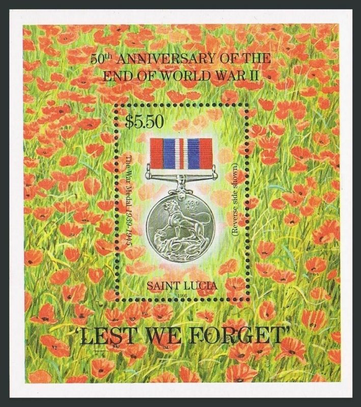 St Lucia 1022,MNH.Michel Bl.62. End of WW II,50th Ann.1995.War Medal 1939-1945.