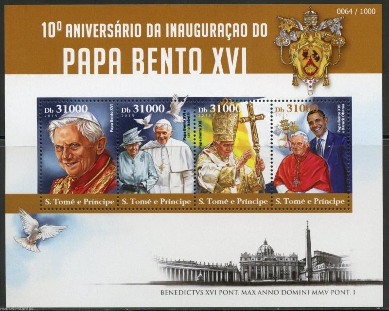 SAO TOME  2015  POPE BENEDICT XVI 10th INAUGURAL ANN WITH OBAMA SHT  MINT NH