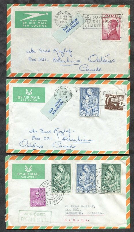 p701 - IRELAND 1954 Lot of (3) Airmail Covers to CANADA, 2 Slogans