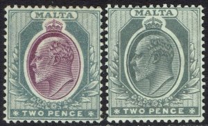 MALTA 1904 KEVII 2D BOTH COLOURS WMK MULTI CROWN CA