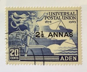 Aden 1949 Scott 32 used - 2½a on 20c, 75th  Anniv of the UPU