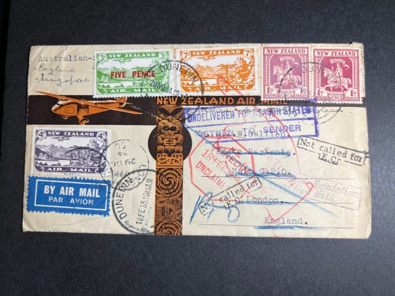 1934 New Zealand Airmail Cover Dunedin NZ to London England Not Called For 2