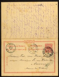 GERMANY 1893 10pf REPLY CARD COLN-NIPPES To Antwerp BELGIUM Both Ways Mi.P27 FU