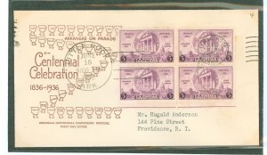 US 782 1936 3c Arkansas centennial (block of four) on an addressed first day cover with an Arkansas centennial commission cachet