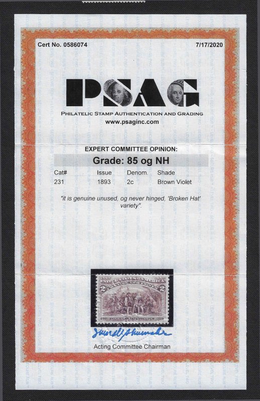 U.S. #231 MNH; 2c Landing of Columbus w/Broken Hat (1893) - PSAG Cert (Grade 85)