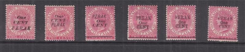PERAK, MALAYSIA, 1887-1891 One Cent on 2c. selection of various types, (6), lhm.