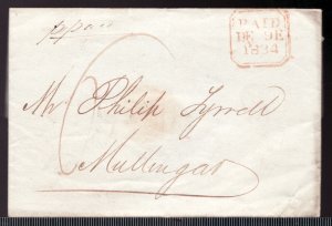 1834 Ireland. Dublin to Mullingar. Hand stamped square. Wax seal. Letter inside.