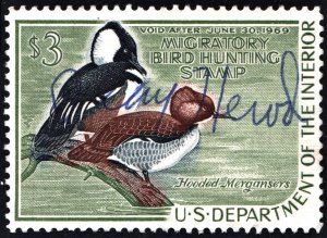 RW35 $3.00 Hooded Mergansers Duck Stamp (1968) Signed