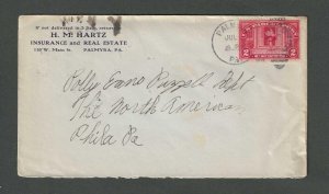 1914 Palmyra Pa Hartz Ins Co @c Parcel Post #Q2 W/Receiving Mark On Back