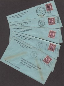 1940 late use Sc 600 perf 10 vertical coil, lot of 5 different cancels CV $30 (A