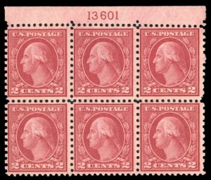 United States, 1910-30 #540 Cat$129, 1919 2c carmine rose, plate block of six...