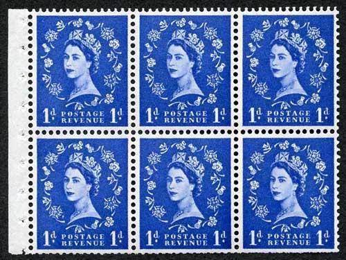 LSB31b 1d Booklet Pane of Six Wmk Crowns Upright White Paper Dot in Serif U/M