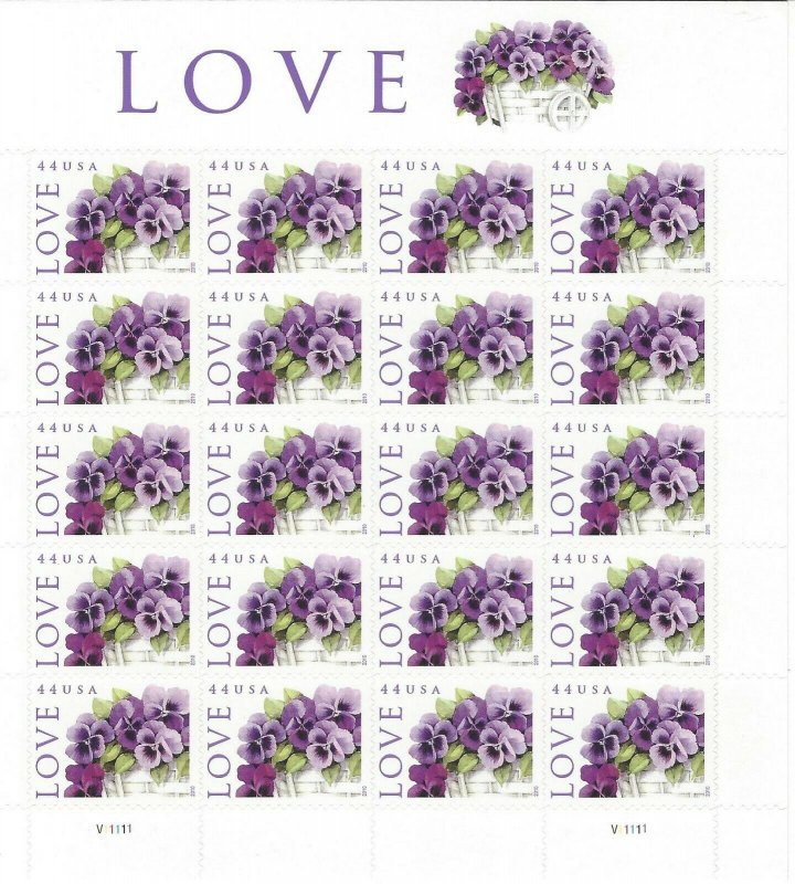 Scott 4450 Pansies Love Mint Not Hinged Pane of 20 .44 Cent Stamps