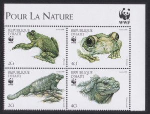 Haiti WWF Iguana Tree-frog Corner Block of 4v WWF Logo 1999 MNH SC#913 a-d