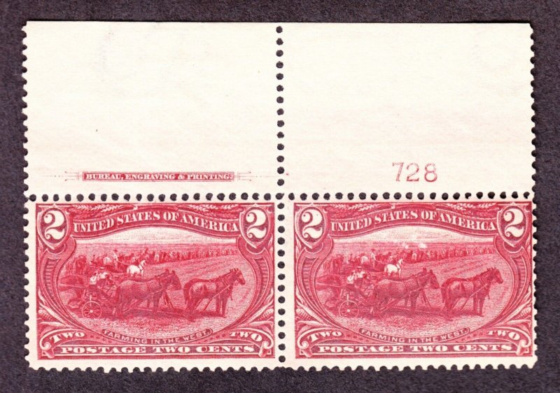 US 286 2c Trans-Mississippi Plate #728 Inscription Pair VF OG NH SCV $160